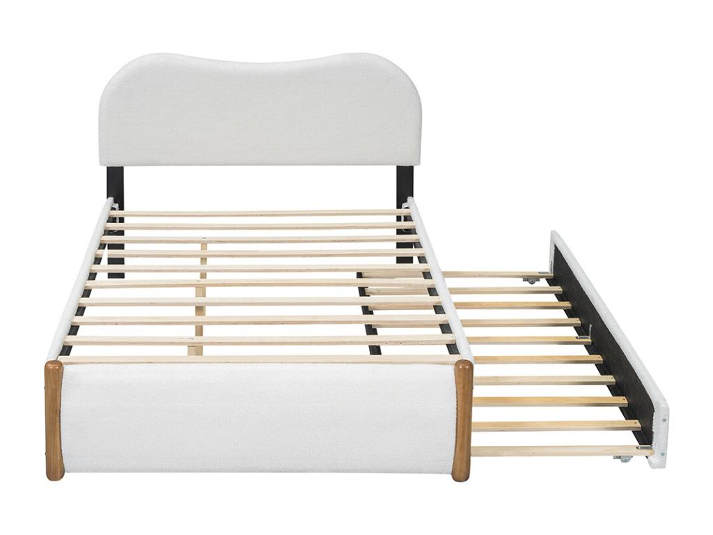 Children's bed, double bed 140x200 cm, upholstered bed with practical pull-out bed, white fabric YMQS06556