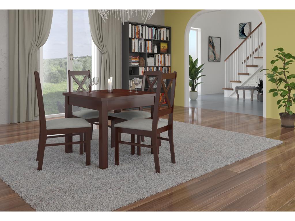 Square table set (80 x 80 cm) and 4 chairs in dark walnut Mobenze and light beige fabric, Opka ELRV93865