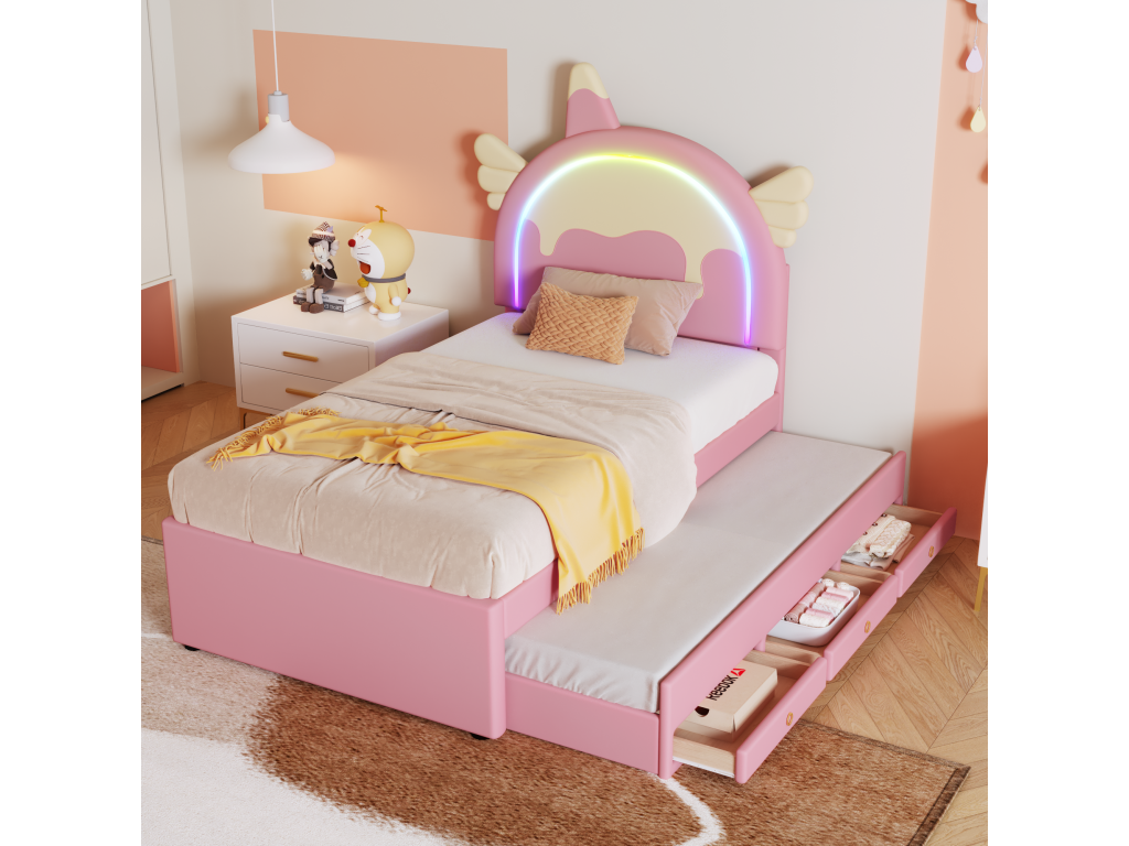 90x200cm/90x190cm trundle bed, children's bed with 3 drawers, Mobenze slatted base and unicorn-shaped headboard, pink PU material CTPI64935