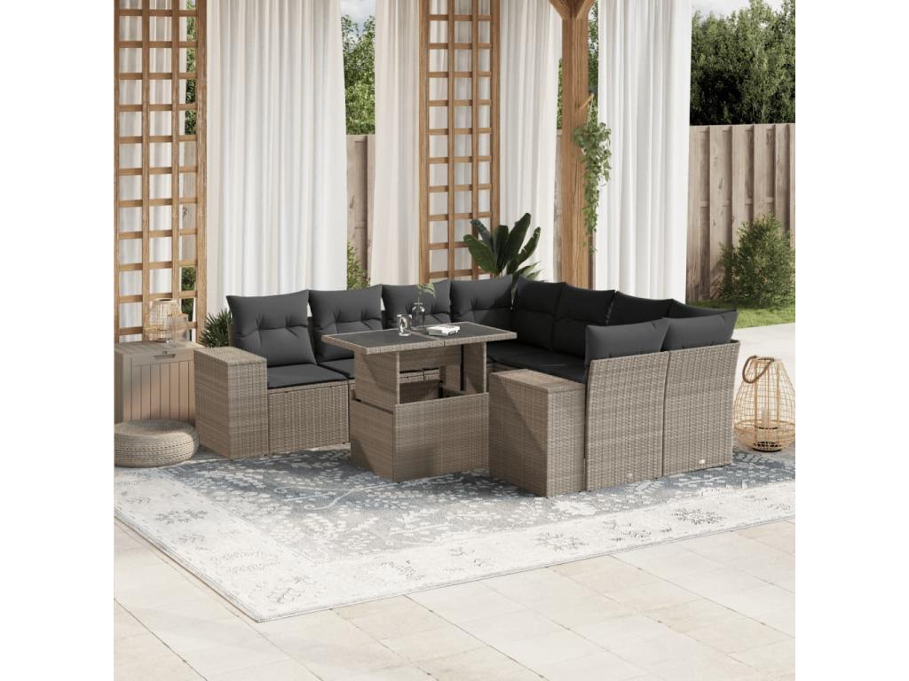 9-piece garden furniture set with light grey cushions, woven resin WFDC13098
