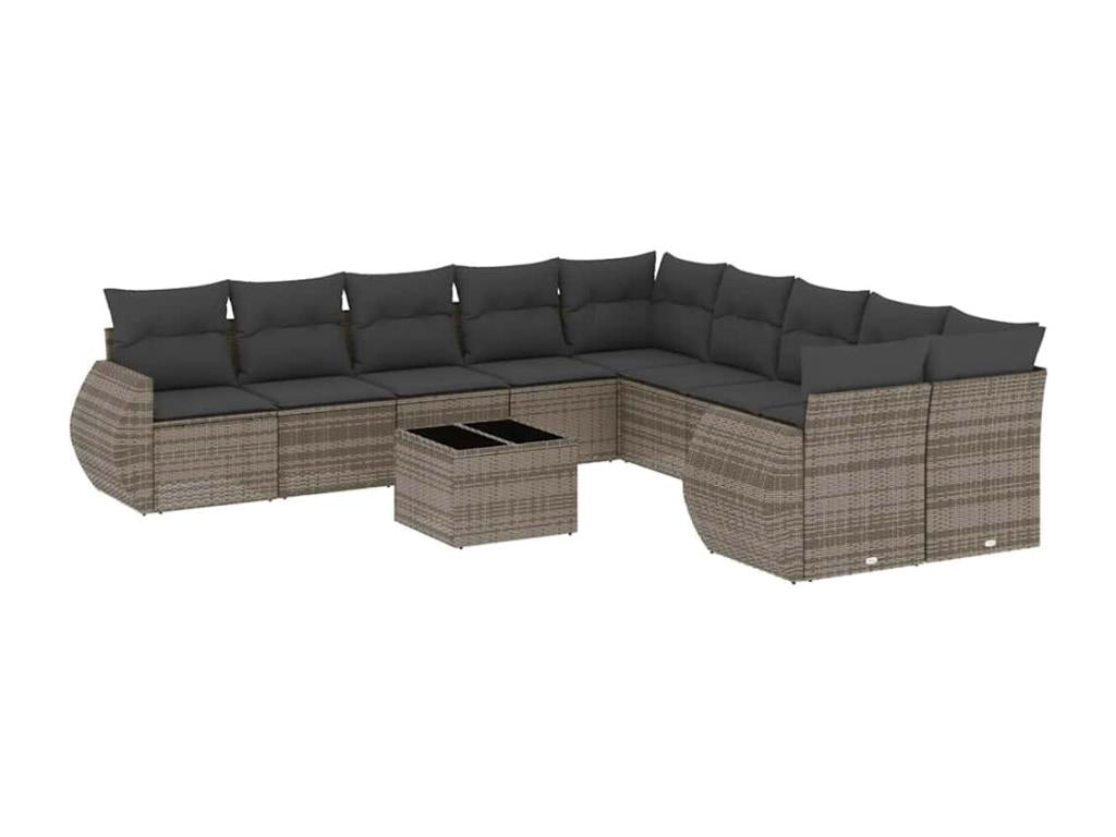 11-piece garden furniture set with light grey cushions, woven resin LPJM94328