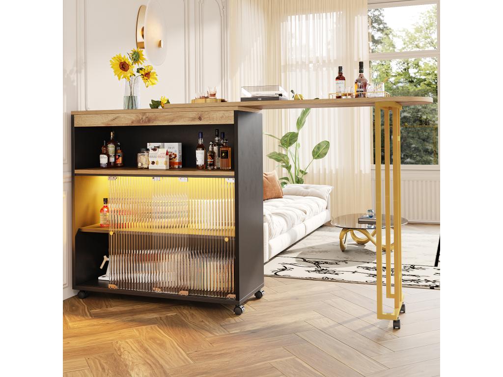 Extendable bar cabinet - 2 sliding glass doors and 3 shelves - Mobenze top with Mobenze effect - LEDs - Natural and black CPNX24693