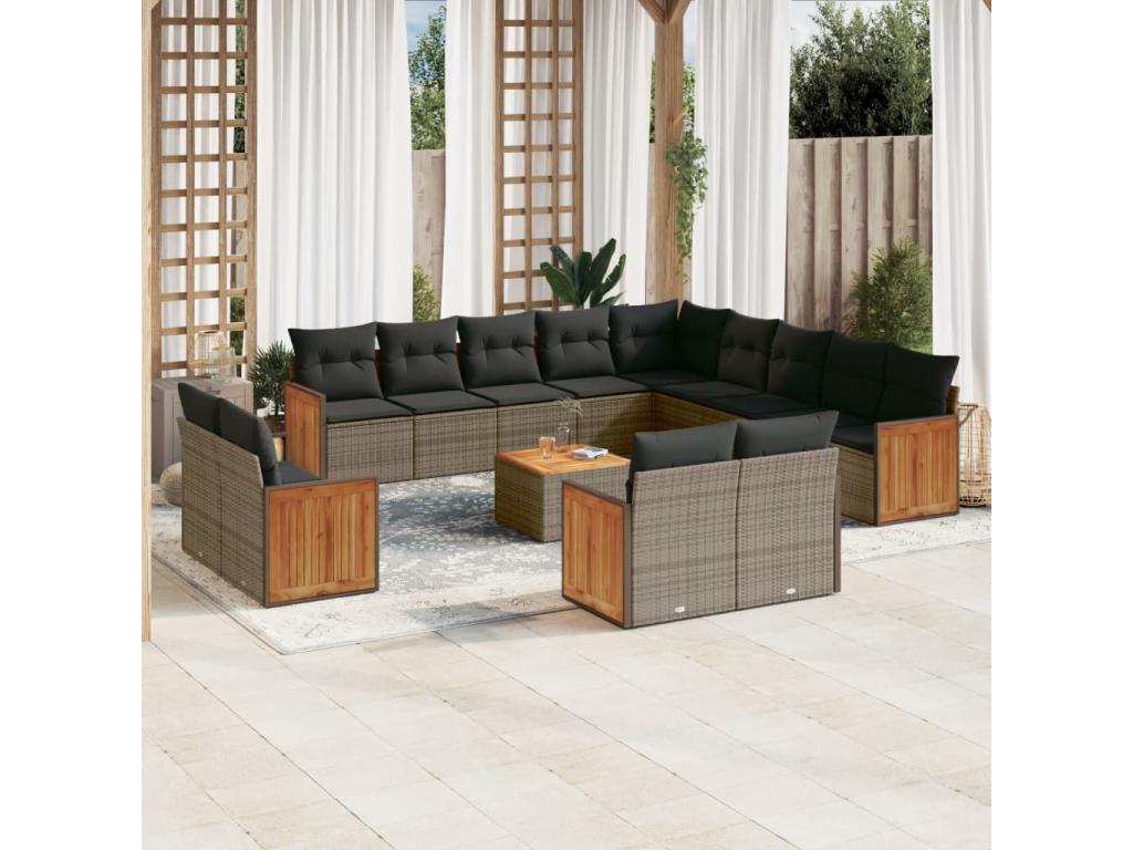 Garden furniture set with cushions, 14 pieces, grey woven resin, VUHT55910