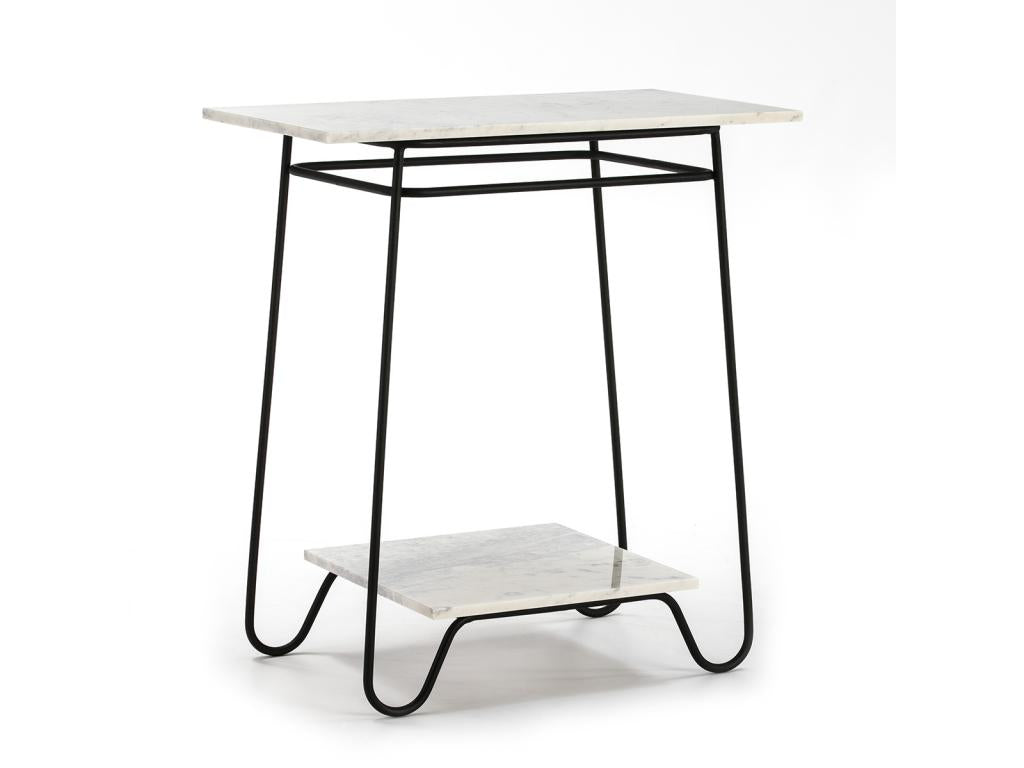 Mobenze BOWN60538 Side Table with 2 White Marble and Black Metal Shelves
