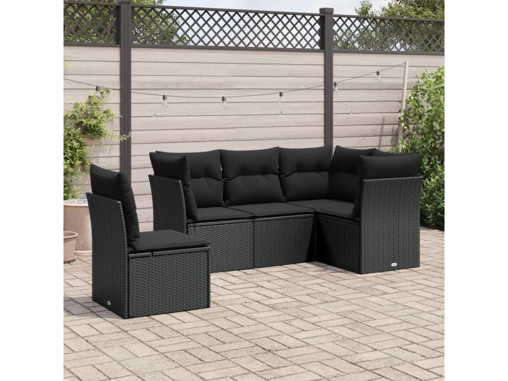 5-piece garden furniture set with cushions, black woven resin VKVR73150