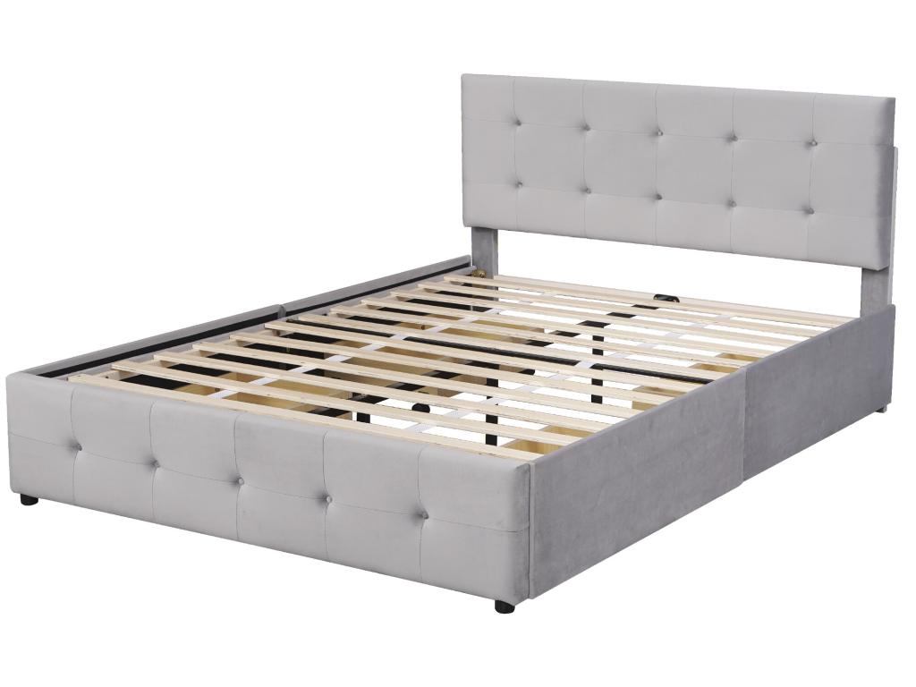 Bed with adjustable headboard and 4 storage drawers - 140x200 cm - Mobenze fabric - Mobenze slatted base - grey PKVC87884