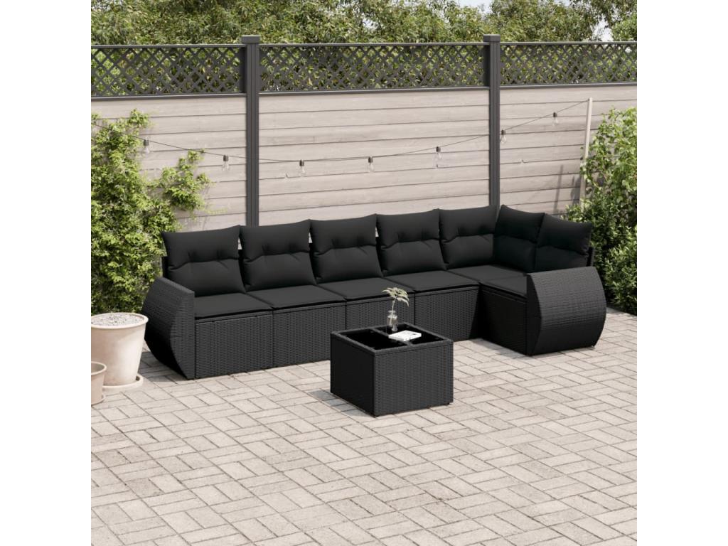 7-piece garden furniture set with cushions, black woven resin OPYR95167