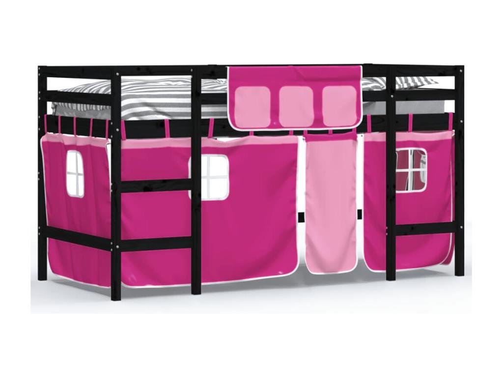 Children's loft bed and pink curtains 90x190 Mobenze solid pine LBXR30755