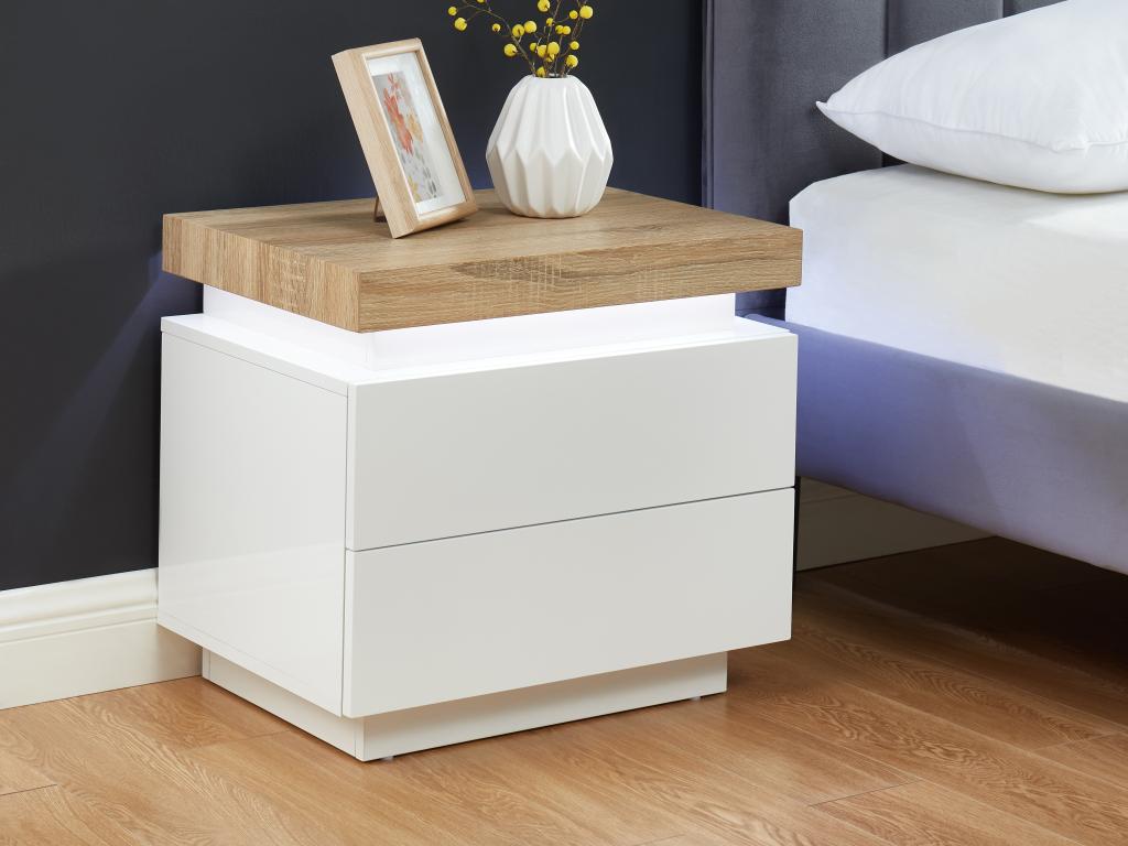 Bedside table - 2 drawers - Mobenze Lacquered - With LEDs - White and oak finish - Mobenze II WKUQ78638