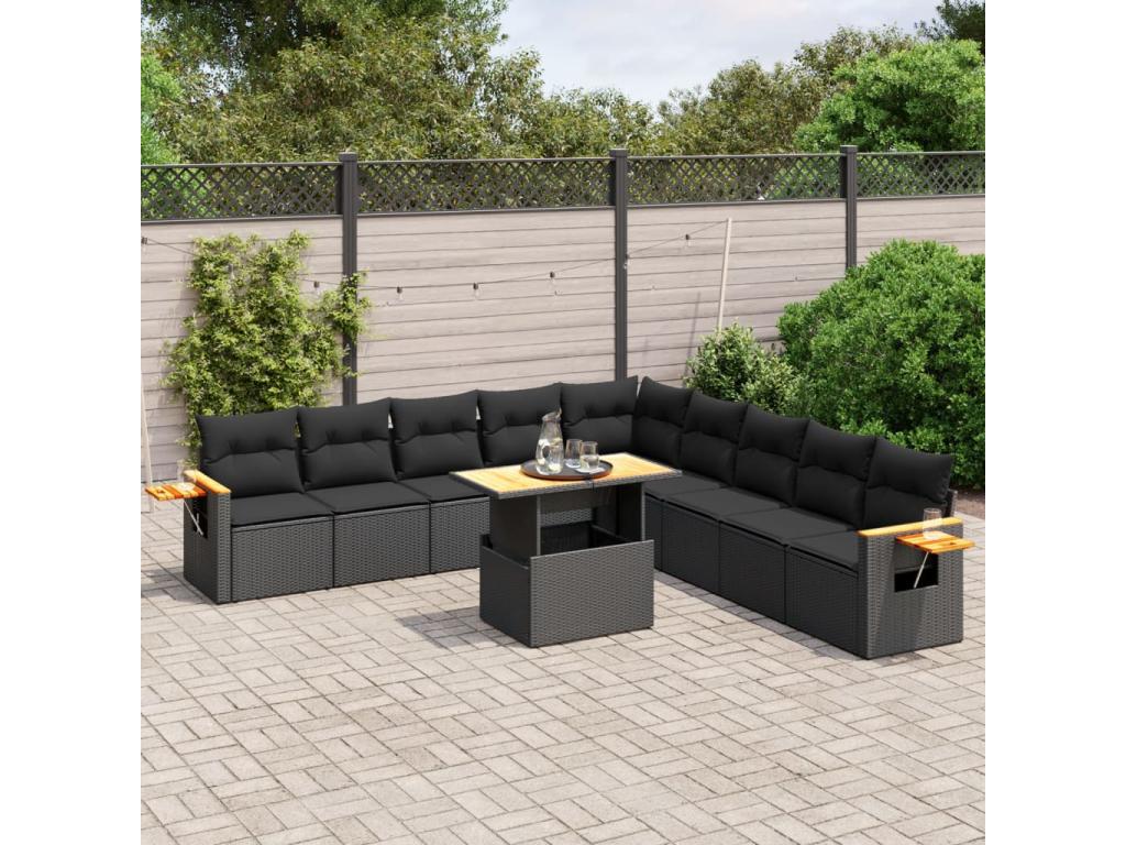 11-piece garden furniture set with cushions, black woven resin ZJJY48569