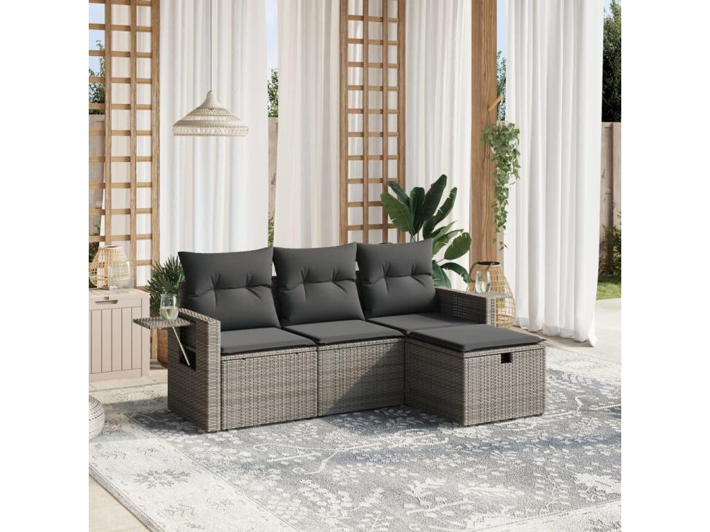 4-piece garden furniture set with grey resin wicker cushions NNOD53621