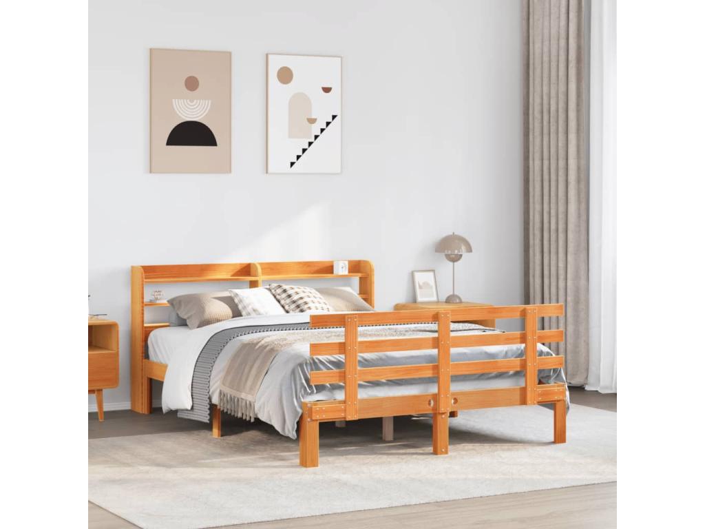 Bed frame and headboard without mattress, brown wax finish, 140x200 cm, AEDQ80237