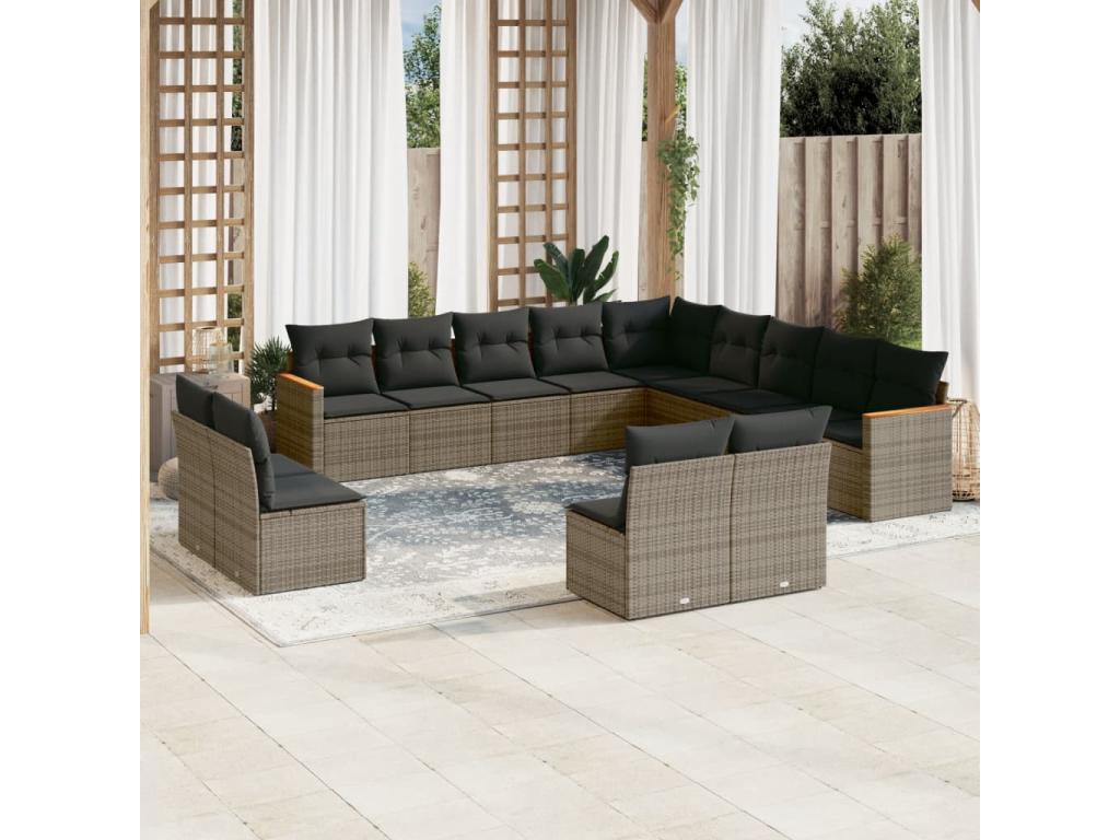 13-piece garden furniture set with cushions, grey woven resin HBCD44896