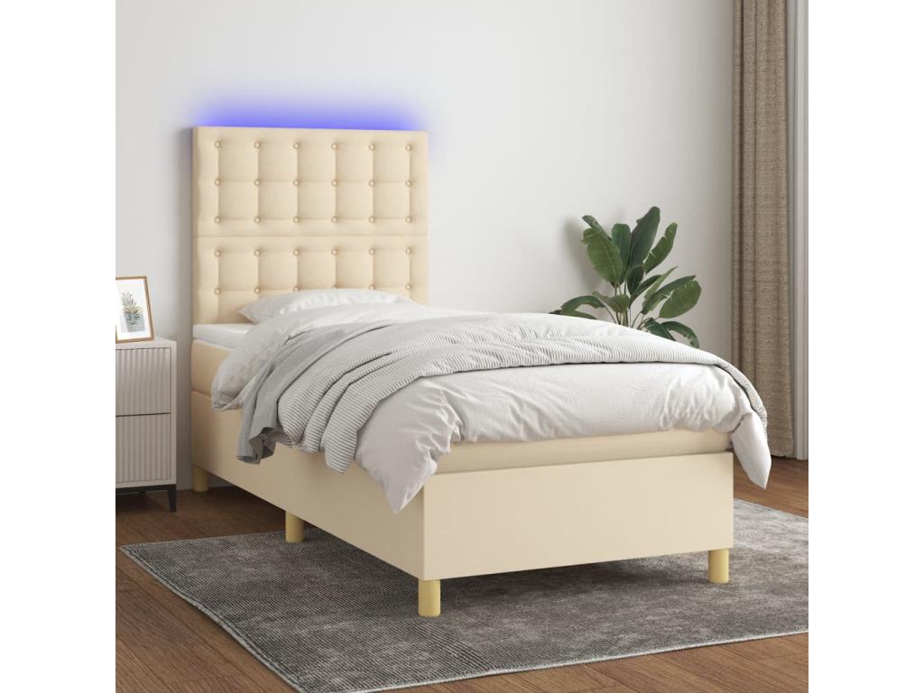 Upholstered bed base with mattress and LED lighting, Cream, 90x190 cm, Fabric BDZD66931