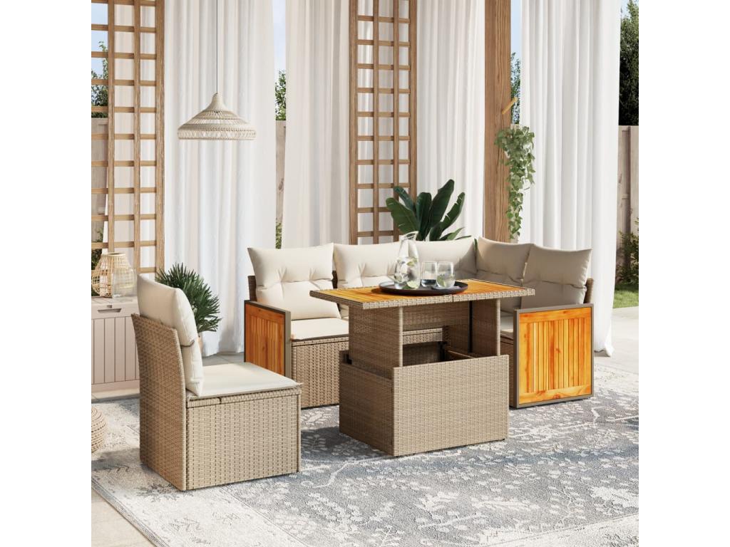 6-piece beige resin wicker garden furniture set with cushions OLIK54586