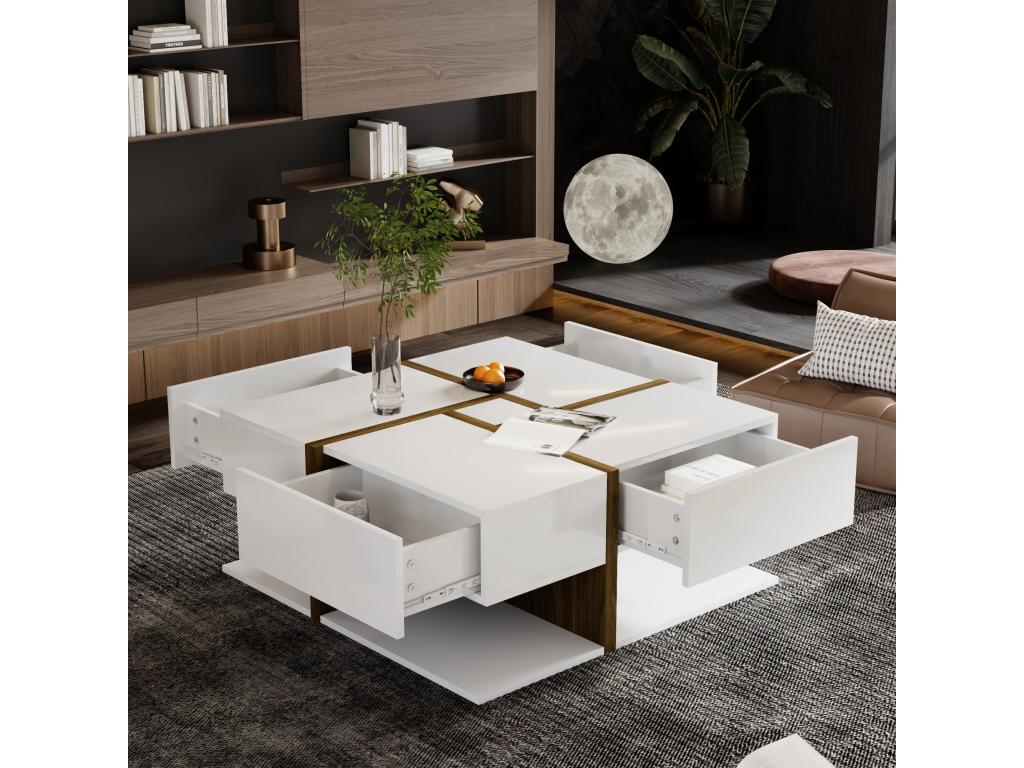 Square coffee table with 4 drawers - 78x78x34.8 cm - Particleboard - Glossy white EUEW43456