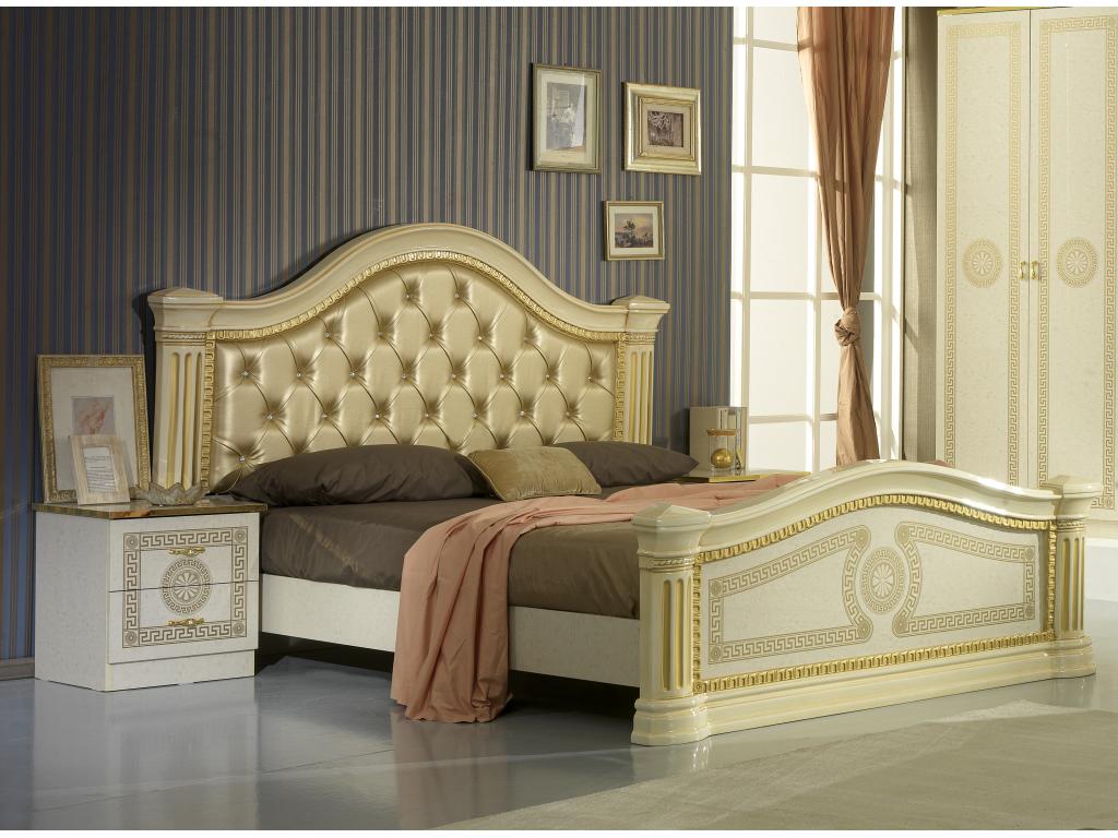 Beige lacquered designer bed with beige faux leather upholstered headboard, Mobenze 160x200 WFDE18828
