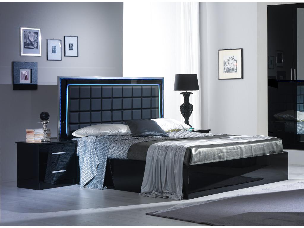 Black lacquered designer bed with black faux leather upholstered headboard and LED lighting, Luxameub-160x200 LYZZ92929