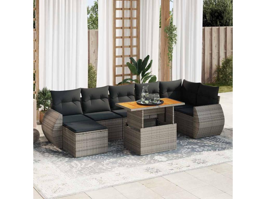 8-piece garden furniture set with grey resin wicker cushions RULF85966