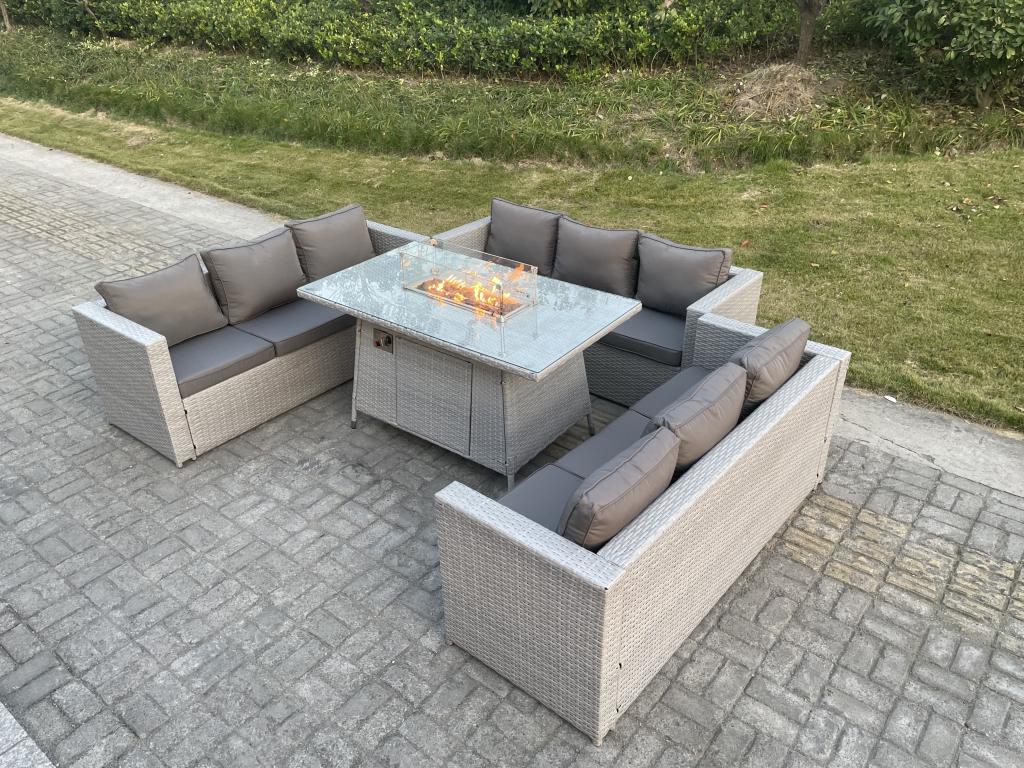 Rattan garden furniture set, gas fire pit table and sofa, light grey GIVL55750