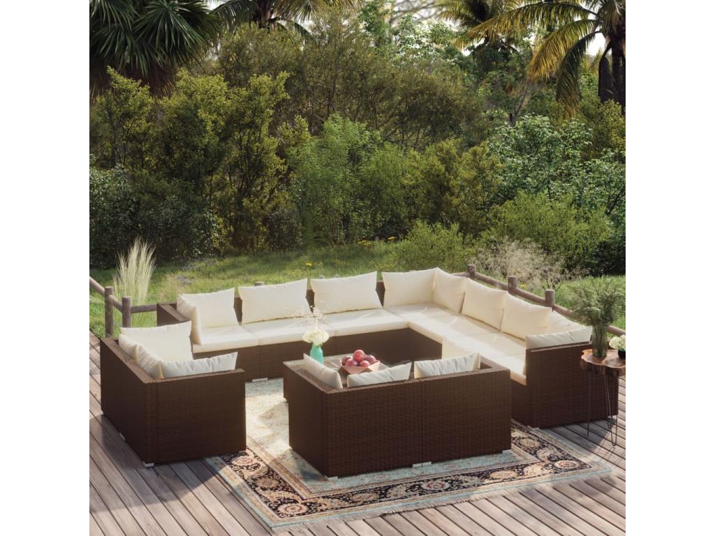 12-piece garden furniture set with cushions, brown woven resin, VJXV39256
