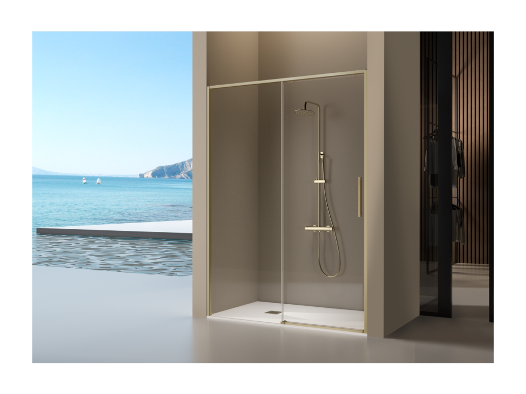 Fixed gold shower screen with sliding door, Mobenze brushed gold, 142-144.6 cm, WOYO76582