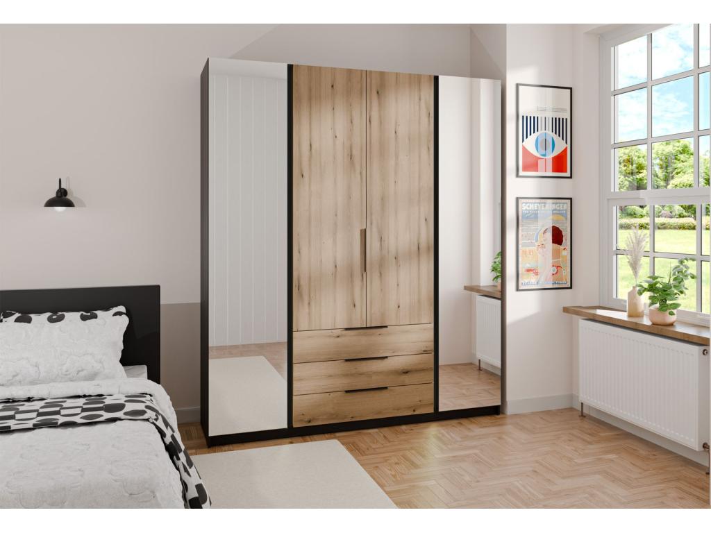 Wardrobe with 2 mirrors and 3 drawers - 200 cm - Mobenze oak/black - Mobenze PVCS00567