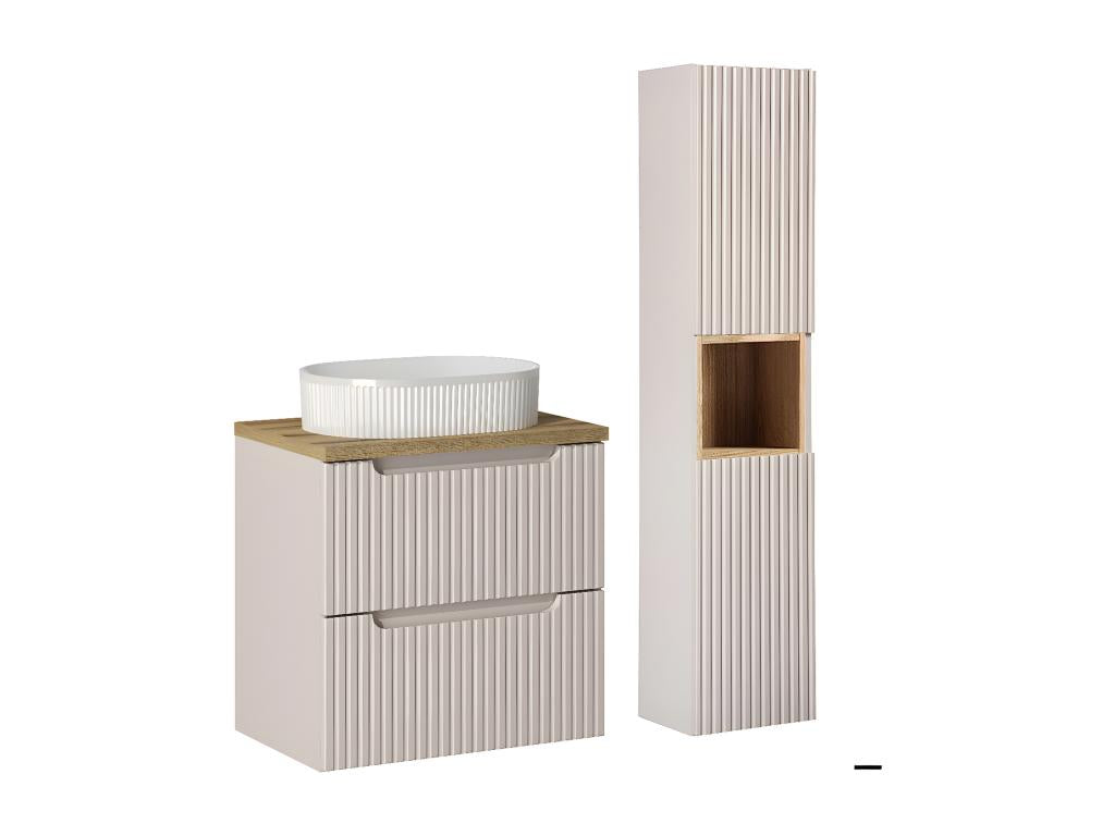Luxameub Cashmere and Wood Single Sink Vanity Unit 60cm with 2 Drawers and Tall Cabinet CQHE35885