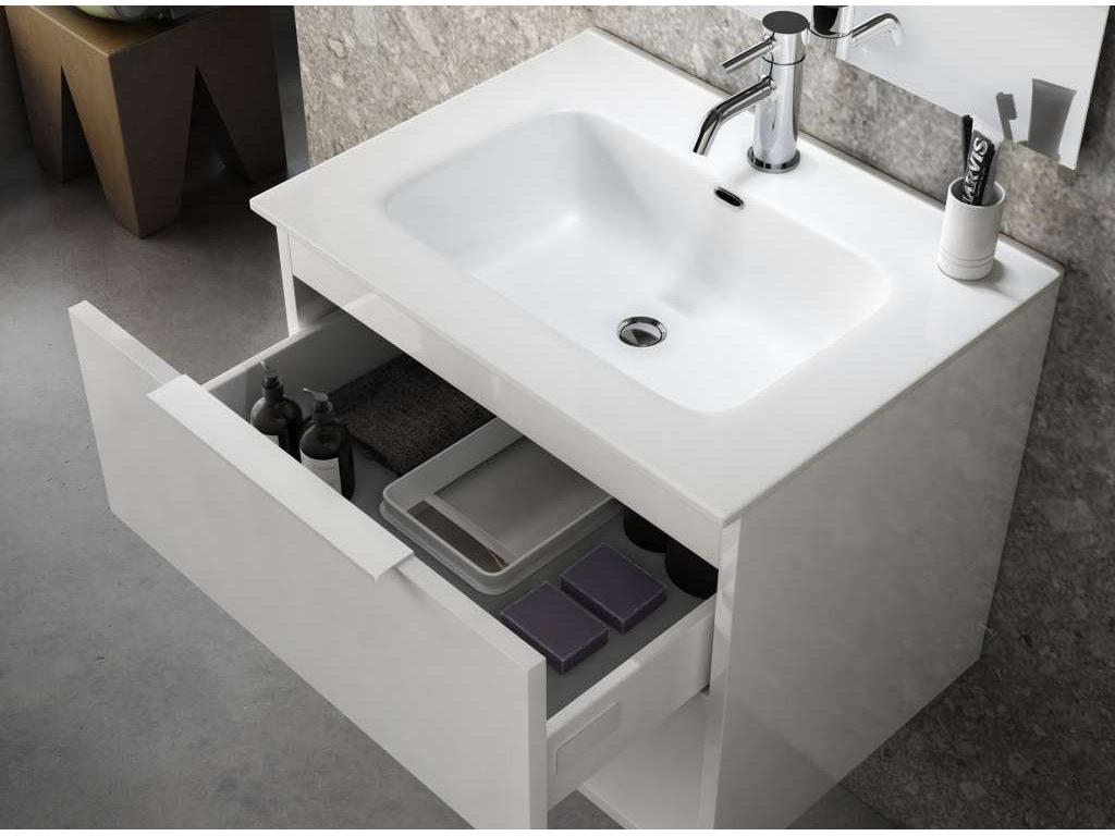 Mobenze white bathroom vanity unit with 1 drawer and Mobenze illuminated mirror, 60cm wide, GMUA85764