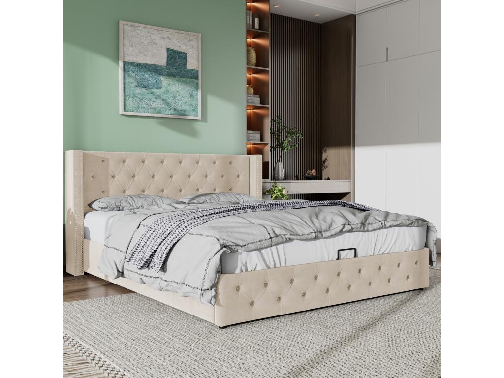 160x200cm Mobenze Storage Bed with Mobenze Slatted Base - Beige FHRD87955