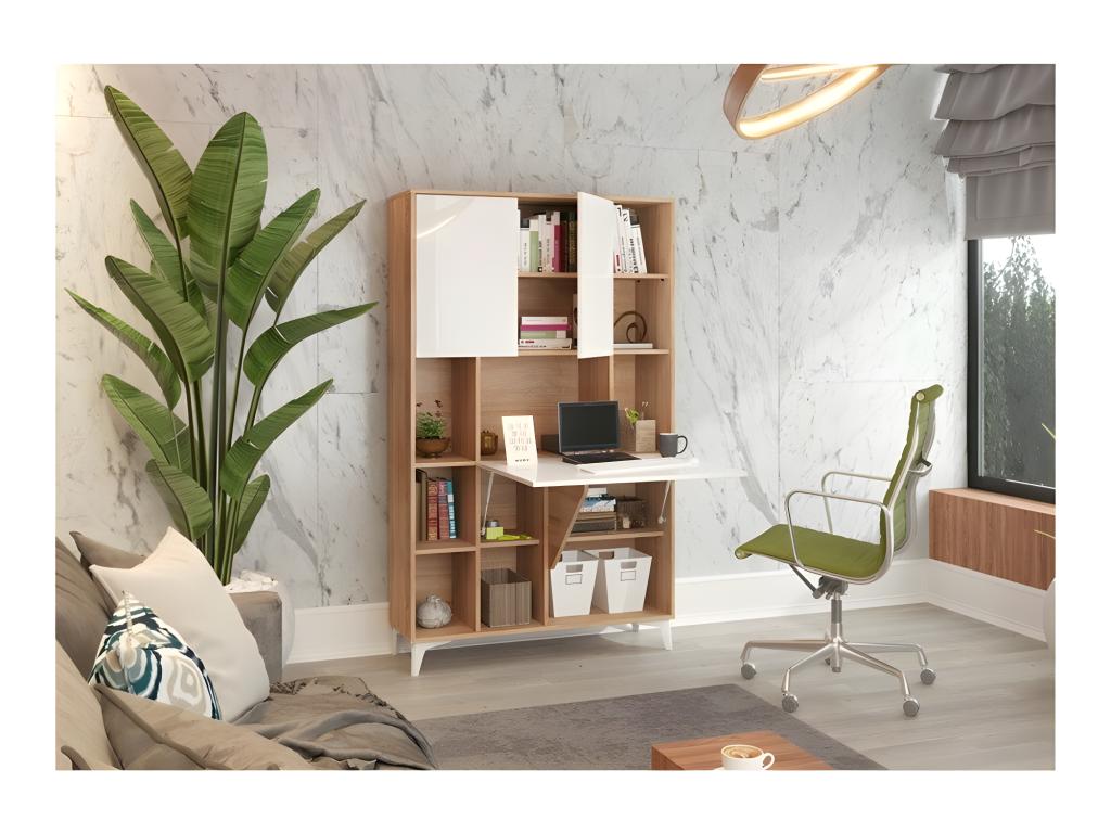 Convertible Wardrobe/Cupboard into a Desk and Table, Home Luxameub, 175x105x34cm? PINPAI 2 - Glossy White Front / Oak Luxameub Body? NMWT58429