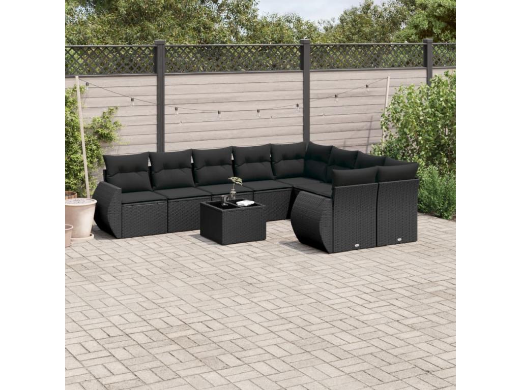 10-piece garden furniture set with cushions, black woven resin, TUVF79507