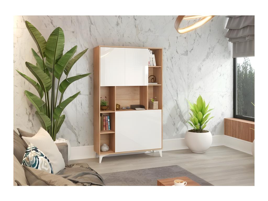 Convertible Wardrobe/Cupboard into a Desk and Table, Home Luxameub, 175x105x34cm? PINPAI 2 - Glossy White Front / Oak Luxameub Body? NMWT58429