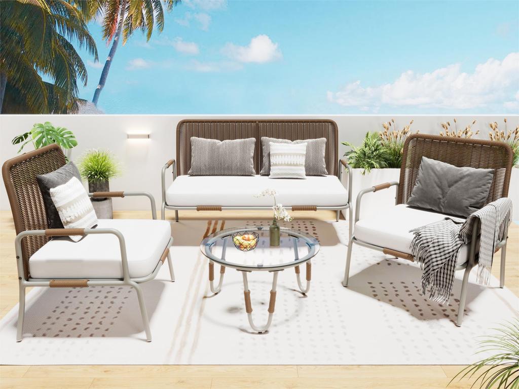 Poly rattan garden furniture set - 4 seats - 1 sofa, 2 armchairs and 1 coffee table - Brown RVTD99092