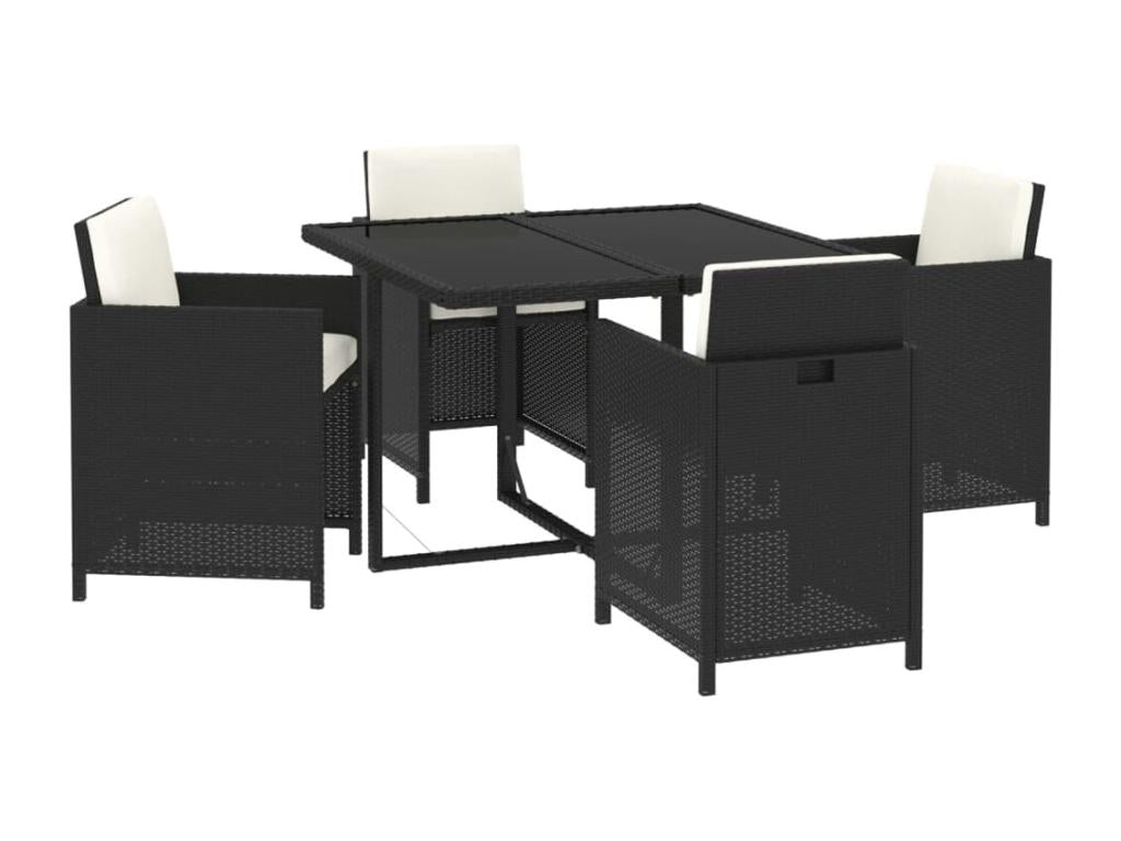 5-piece garden dining set with cushions, black poly rattan DRQA34609