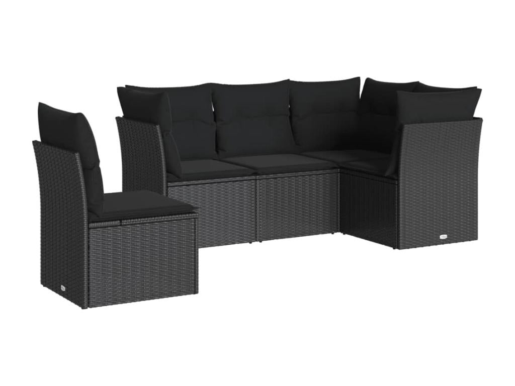 5-piece garden furniture set with cushions, black woven resin VKVR73150