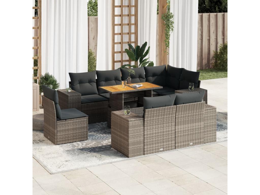9-piece garden furniture set with grey resin wicker cushions AVRB16268