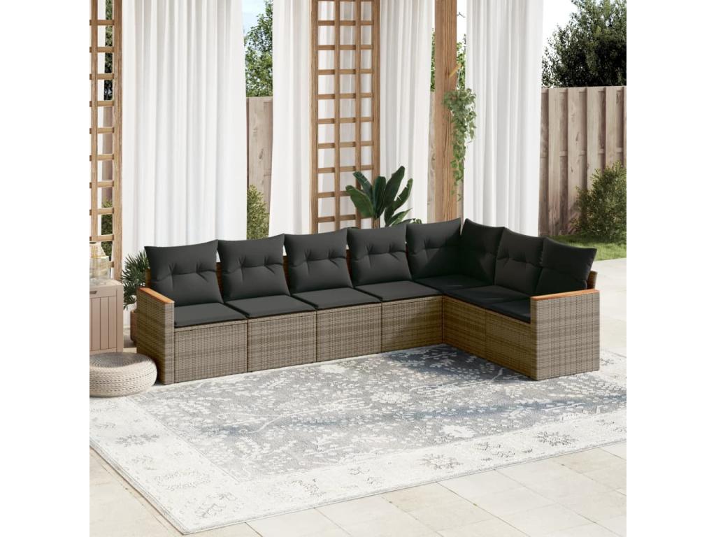 7-piece garden furniture set with cushions, grey woven resin UHTC94702