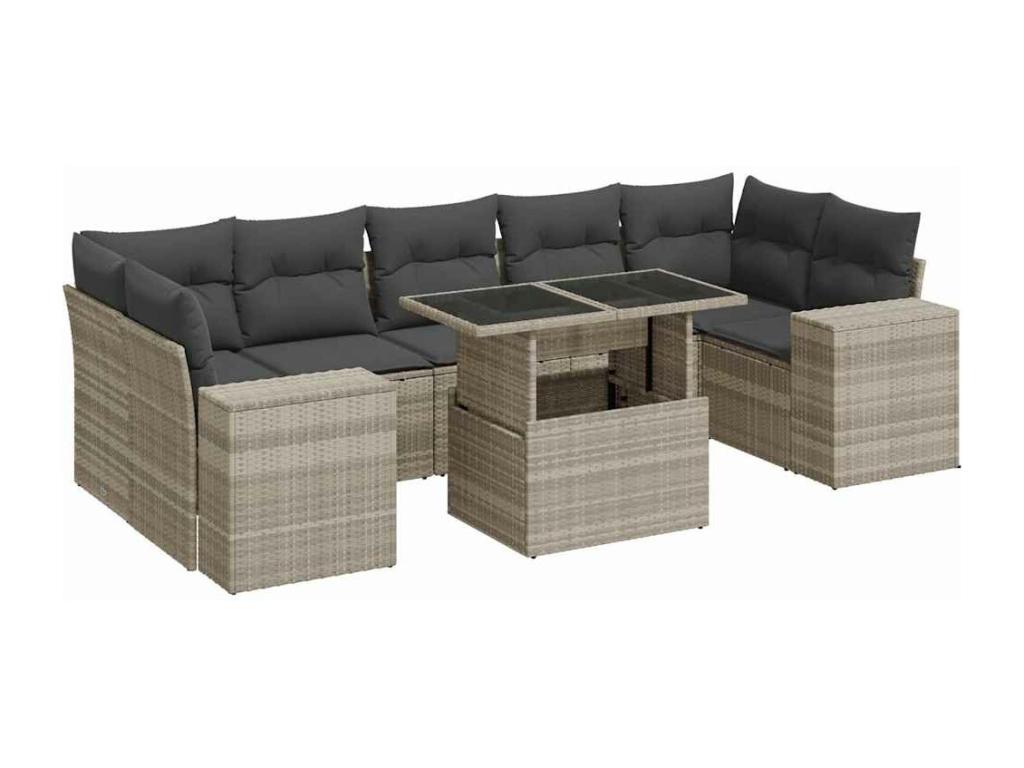 8-piece garden furniture set with light grey cushions, woven resin EOMF59117