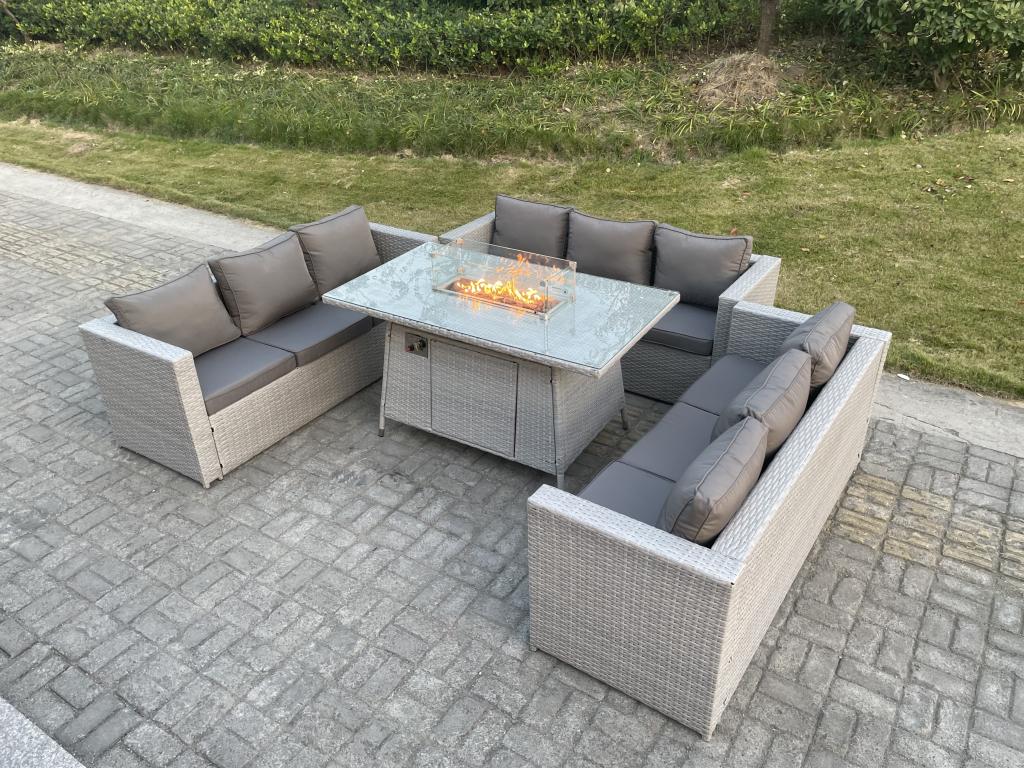 Rattan garden furniture set, gas fire pit table and sofa, light grey GIVL55750