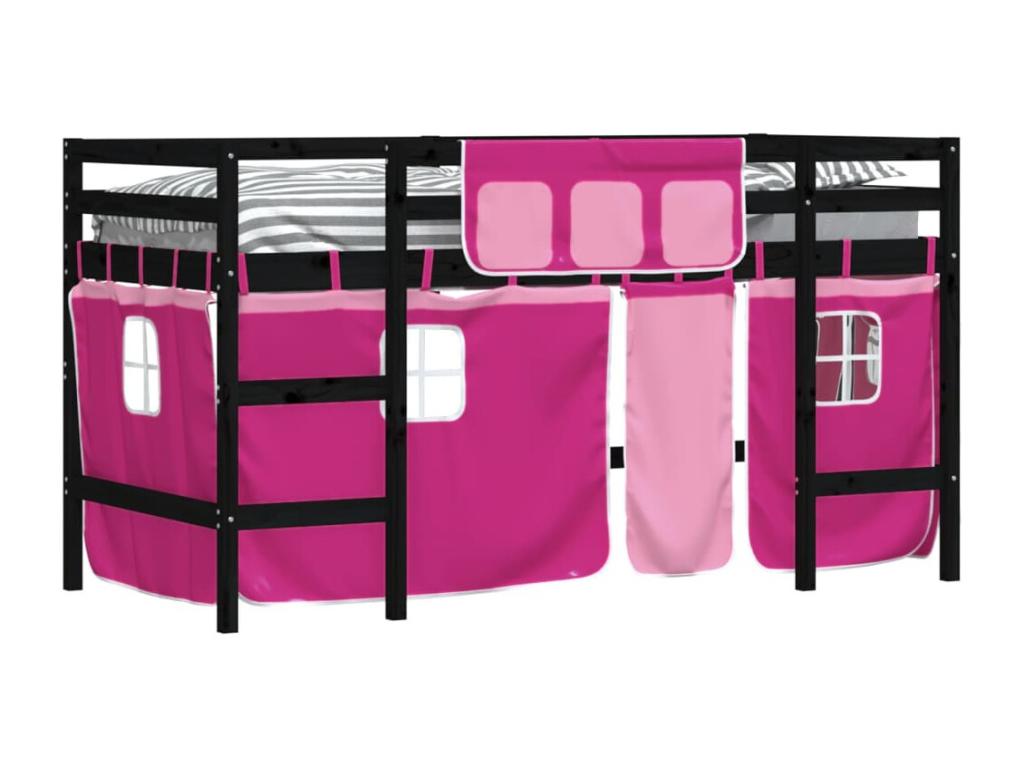 Children's loft bed and pink curtains 90x190 Mobenze solid pine LBXR30755