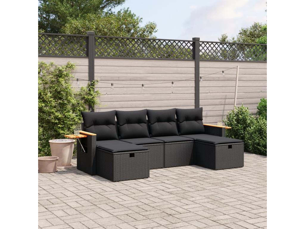 6-piece garden furniture set with cushions, black woven resin ZXIA88366