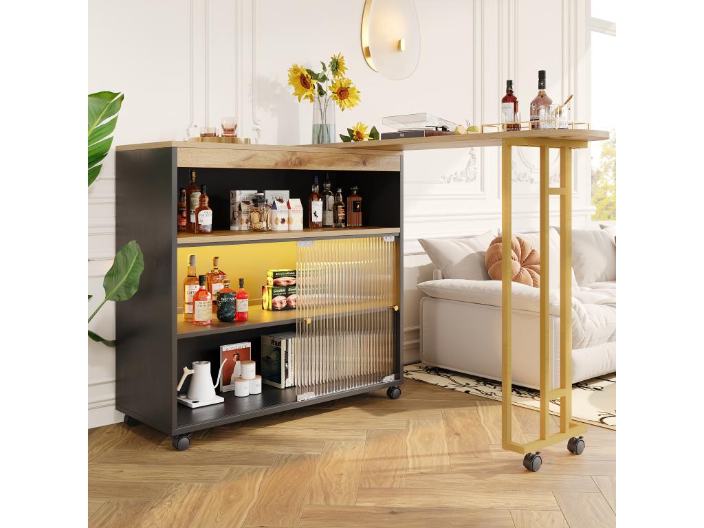 Extendable bar cabinet - 2 sliding glass doors and 3 shelves - Mobenze top with Mobenze effect - LEDs - Natural and black CPNX24693
