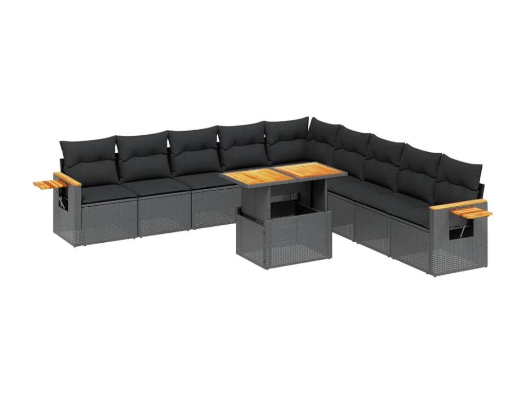 11-piece garden furniture set with cushions, black woven resin ZJJY48569
