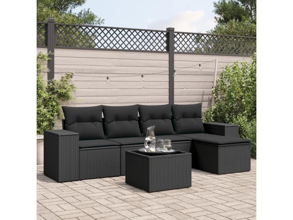 6-piece garden furniture set with cushions, black woven resin LTYS33959