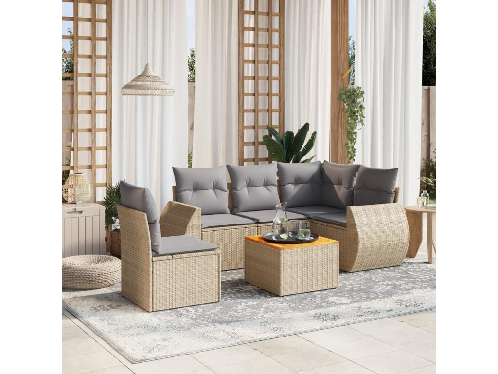 6-piece garden furniture set with cushions, beige wicker resin DEXZ11473