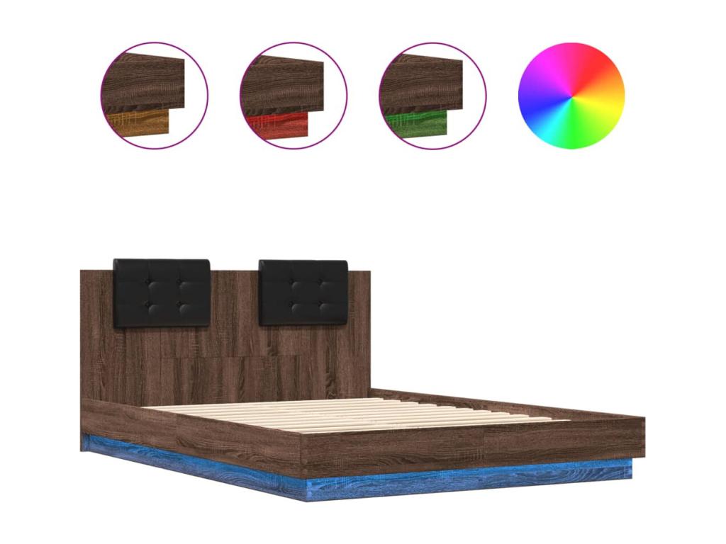 Bed frame, headboard and LED lighting, brown oak, 120x200 cm, EUMT50493
