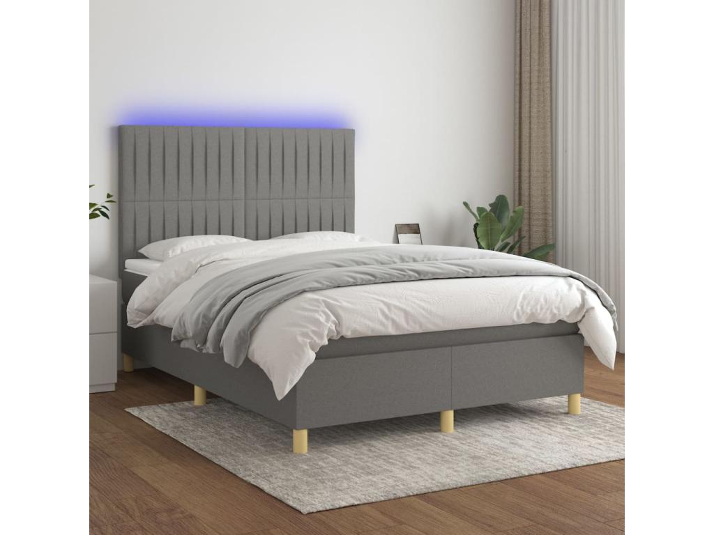 Upholstered bed base and mattress with LED lighting, Dark Grey, 140x190 cm, Fabric WOJH95367