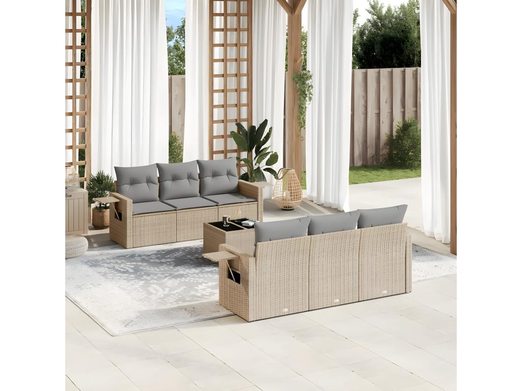 7-piece garden furniture set with cushions, beige woven resin JWJQ21379