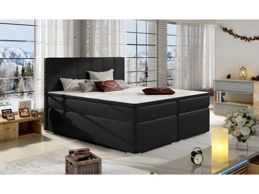 Complete box spring set including headboard, bed base, mattress, and mattress topper - black faux leather - 160x200 cm ZIZK18445